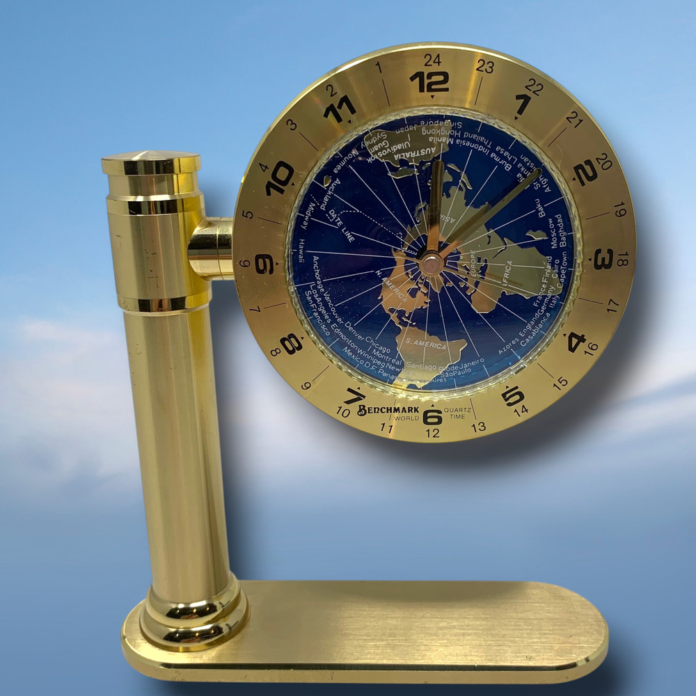 Vintage Benchmark World Time Desk Clock Quartz Brass Tone Map Globe 7”